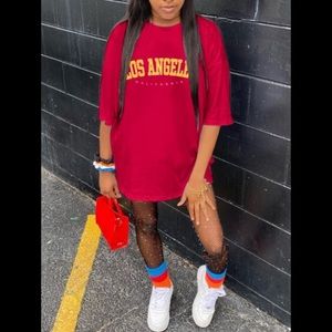 LOS ANGELES CALIFORNIA Yellow Print On A Red T-Shirt Mini Dress W/Half Sleeves